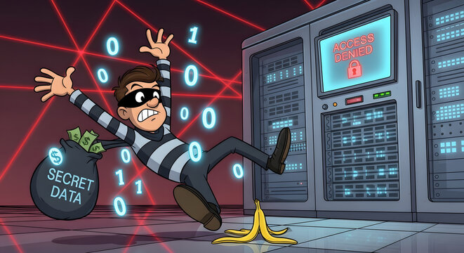 Cartoon hacker slipping on banana peel in high security server room