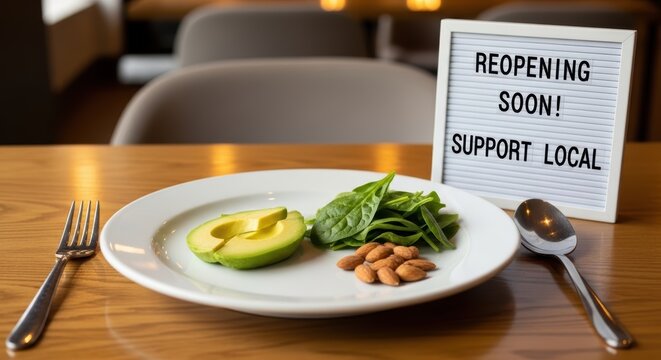 Healthy food on a restaurant table with reopening soon sign
