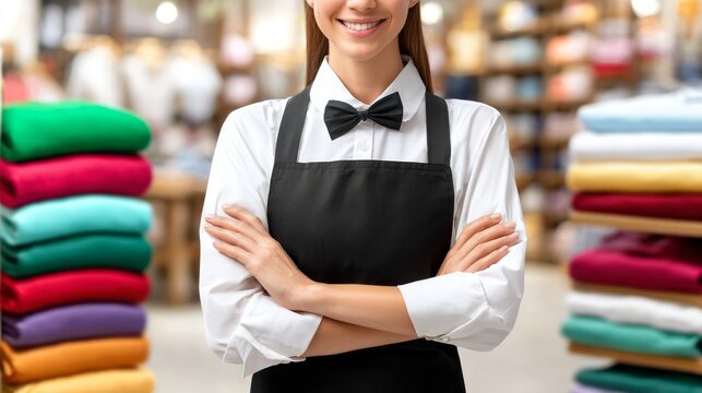 Happy Retail Employee in Uniform Standing in Clothing Store Aisle