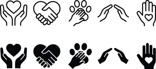 Charity, Kindness, and Animal Protection Icon Set - Line and Solid Vector © SUMAN413234