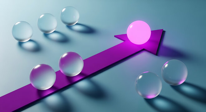 Purple arrow symbolizing growth with glowing sphere concept business strategy innovation leadership development progress abstract direction achievement performance investment opportunity