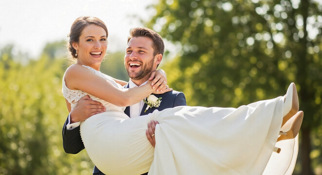 Happy groom holding bride in white wedding dress with beaming smiles outdoors. Joyful moment as groom holds bride, celebrating wedding day with laughter.