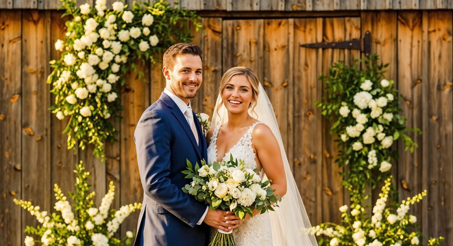 Smiling wedding couple stands before rustic barn wall, adorned with lush white floral arrangements. Happy wedding couple celebrates special day, holding elegant bridal bouquet.