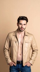 Obraz premium Stylish man in open leather jacket, hands in pockets