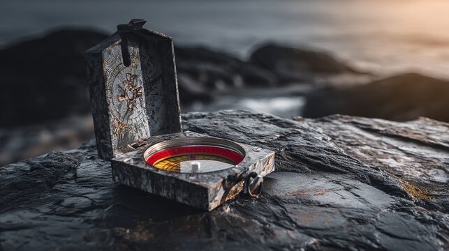 Vintage Compass Device Opened on Textured Slab with Ocean Background