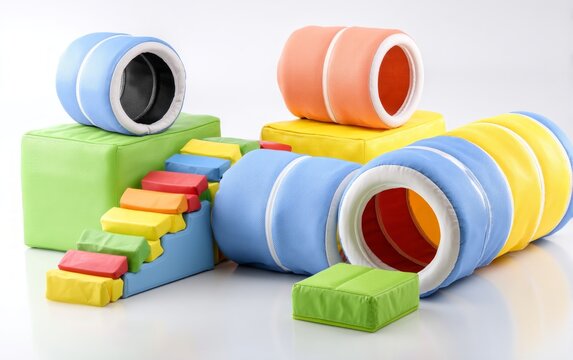 Colorful Padded Obstacle Course for Kids with Tunnels and Crawlthrough Barrels