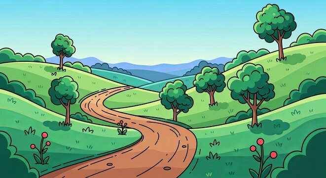 Scenic cartoon landscape with winding road through green hills and trees