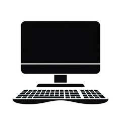 Fototapeta premium Minimalist computer workstation icon, black desktop monitor silhouette with keyboard, modern office hardware graphic on white background