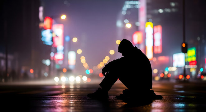 Silhouette of lonely person sitting on city street at night