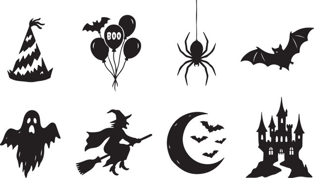 Halloween icons, spooky symbols, black vector set, 8 creepy characters