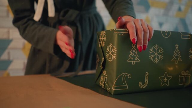 Closeup female hands wrapping Christmas present on wooden table with green goldmotif paper, red manicure smoothing corners and sealing tape, careful folds and neat creases create warm handmade holiday