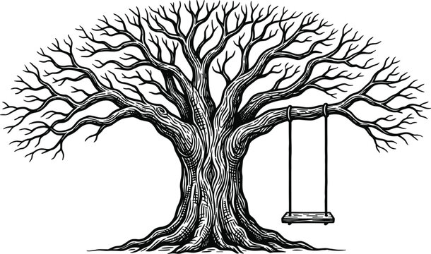 Large old tree with bare branches and hanging swing detailed vintage style vector illustration for nature and childhood concept
