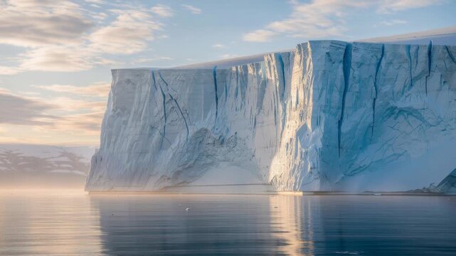 Massive iceberg towering over calm Arctic waters under soft pastel sky serene nature landscape