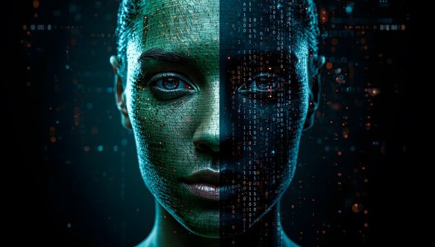 Human Face Divided into Organic Skin and Animated Digital Code Streams, Programming Identity and Software Developer Concept
