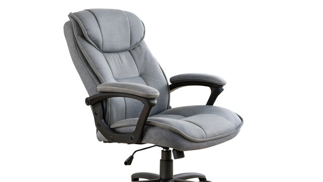 Ergonomic gray office chair with black frame and wheels on white background for comfort