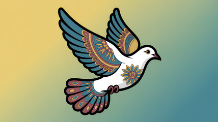 Obraz premium Colorful Decorative Flying Dove Illustration with Floral Patterns and Gradient Background