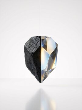 Net zero emissions and environmental equilibrium concept featuring suspended half raw coal and half clear crystal