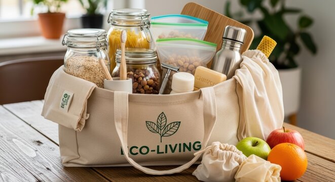 eco-friendly co-living grocery bag with fresh produce and pantry staples on wooden table