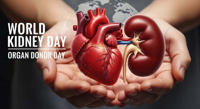hands holding anatomical heart and kidney model for world kidney day awareness