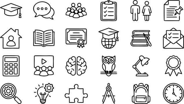 Comprehensive Education and E-Learning Line Icon Set Featuring Academic Success Student Knowledge and School Equipment