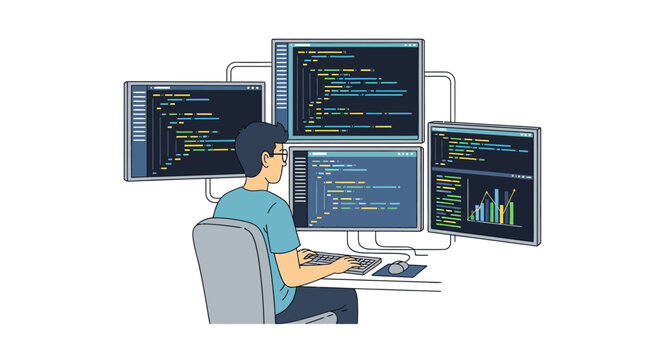 Programmer coding on multiple computer screens showing data.