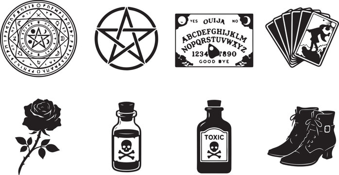 Vintage occult symbols, witchcraft icons, 8 black and white illustrations, mystic signs, magical elements