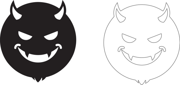 Devil faces, evil icons, black and white illustrations, monster symbols
