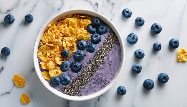 top view of a healthy blueberry smoothie bowl with chia seeds and cornflakes on a white marble surface nutritious vegan breakfast concept