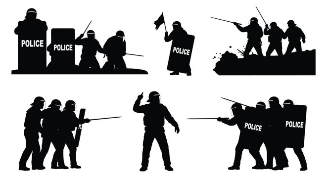 Police riot control scene with protesters black silhouette high quality professional