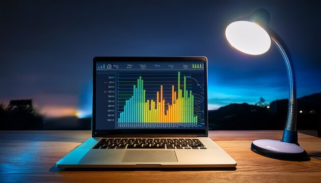 a desk lamp illuminates a laptop on a wooden table at night displaying a colorful histogram and data graph