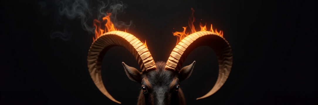 Majestic ram with flaming horns displayed against a dark background. The ram symbolizes strength and power with its distinctive features, highlighted by the fire around its horns.