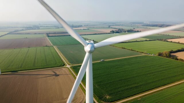 Aerial view of a wind turbine spinning rapidly over vast farmland with patchwork fields under clear sky