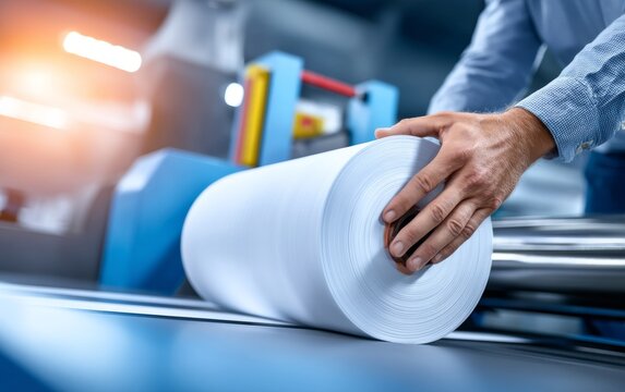 Male Hands Feeding Paper Roll Into Industrial Cutting Machine Process