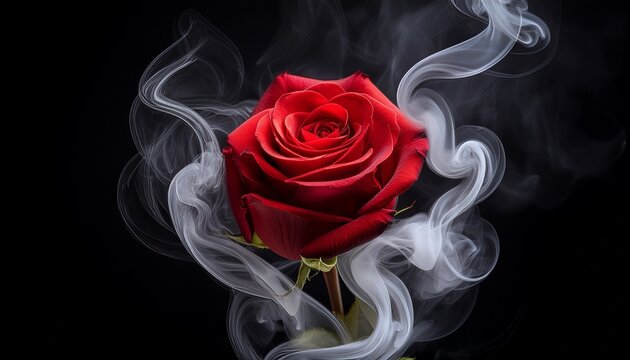 red rose wrapped in smoke swirl on black background