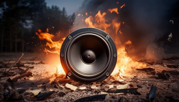 old speaker on ground with fire and debris around it in a dramatic scene