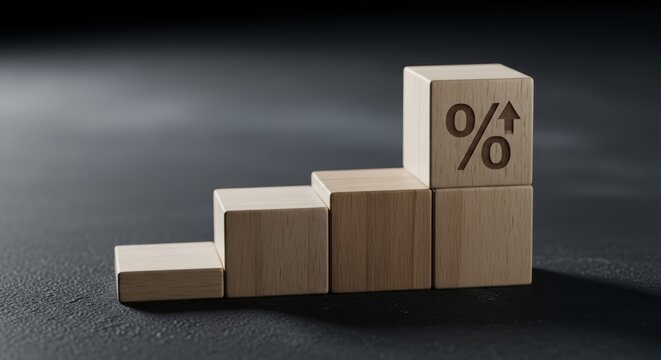 Wooden blocks with percentage sign and arrow on top block