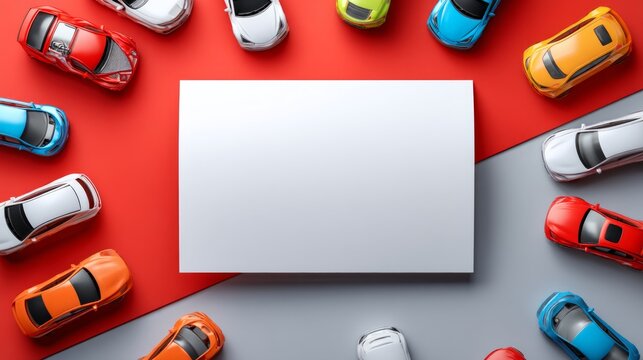 White Card Placed on Bold Red Background Surrounded by Colorful Toy Cars