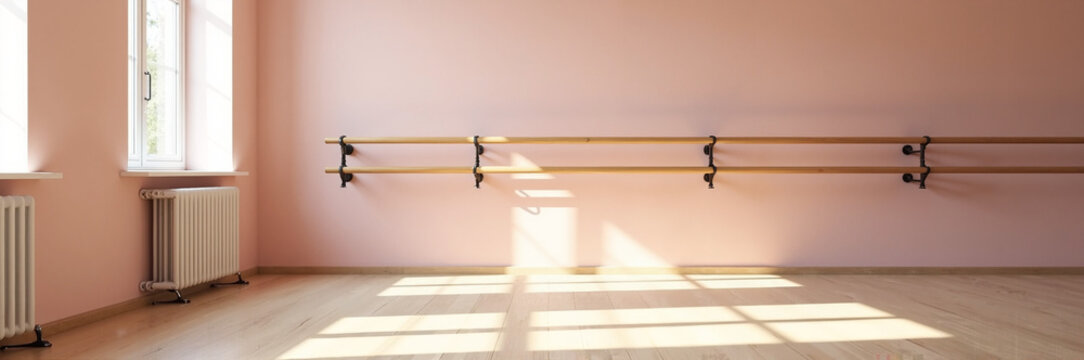 Dance studio interior with pink walls and wooden ballet barres illuminated by natural light. Dance studio features spacious layout with wooden flooring and large windows for bright atmosphere.