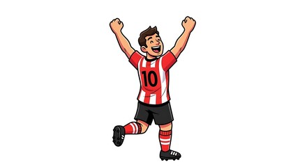 Obraz premium cartoon player celebrating after scoring penalty, arms raised, joyful expression, energetic pose, isolated on pure white background, centered