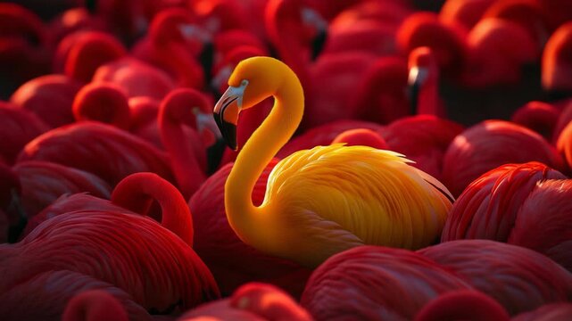 Yellow flamingo standing among red flamingos, striking contrast highlights uniqueness, individuality and standout concept in vibrant wildlife scene