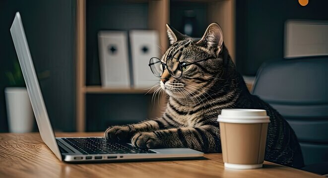 A tabby cat working on a laptop with a coffee cup on a wooden desk