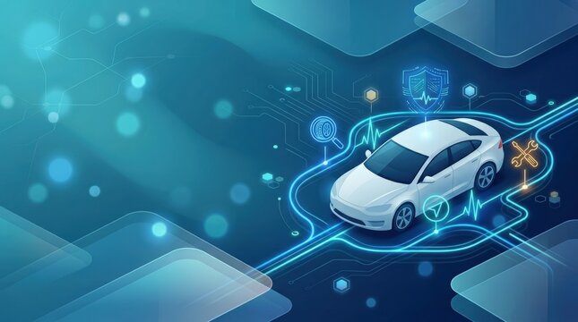 Connected car with glowing digital route lines and technology icons