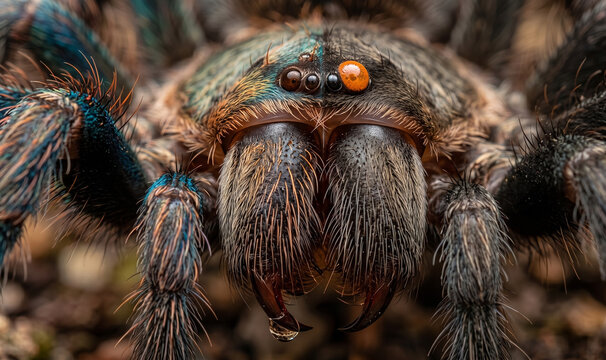 macro close-up of gynandromorph tarantula face showing asymmetry in eyes and coloration