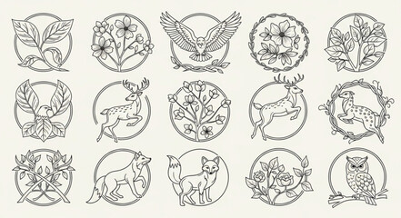 Collection of Circular Floral Animal Illustrations in Black and White. © pono