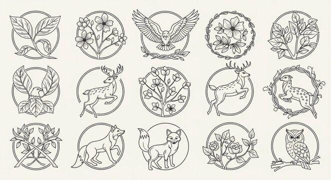 Collection of Circular Floral Animal Illustrations in Black and White.