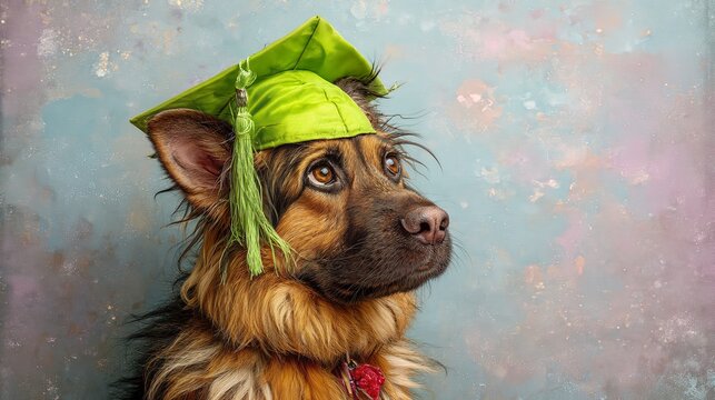 Smart German Shepherd Dog wearing a green graduation cap with a tassel watercolor clipart illustration for academic achievement and educational pet themed designs