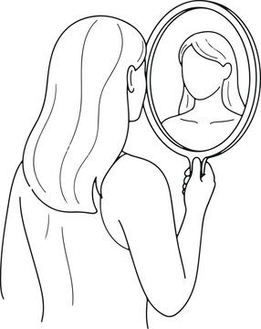 Woman looking in mirror reflection self perception personal identity and self confidence concept illustration.