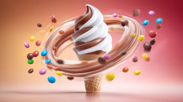 Swirl of Soft Serve Ice Cream Emerging from an Invisible Base with Sauce