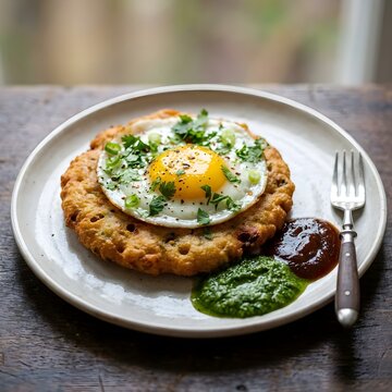 Close-up of crispy bara topped with egg and herbs, served with colorful chutneys, soft light, rich texture, and clean elegant plating.