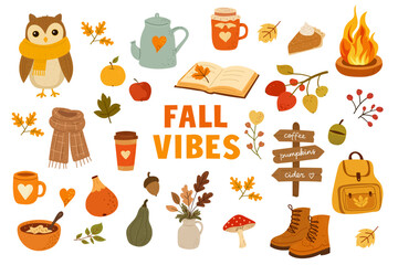 Autumn elements set with leaves pumpkins acorns cozy seasonal collection © INVITO ARTE